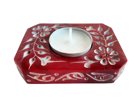 Rectangle Soapstone Tea Light Candle Holder with Etched Flower Design Polished Hand Carved - 8cm