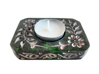 Rectangle Soapstone Tea Light Candle Holder with Etched Flower Design Polished Hand Carved - 8cm