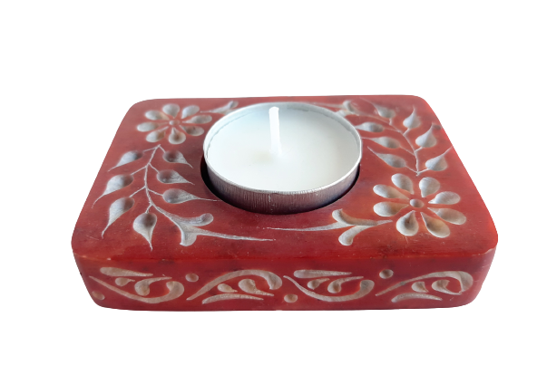 Rectangle Soapstone Tea Light Candle Holder with Etched Flower Design Polished Hand Carved - 8cm