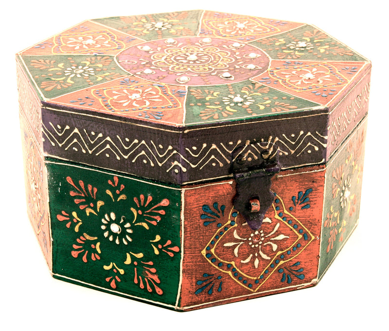 Wooden Painted Box Octagon Shape Multi Colour Ornate Design With Latch - Medium