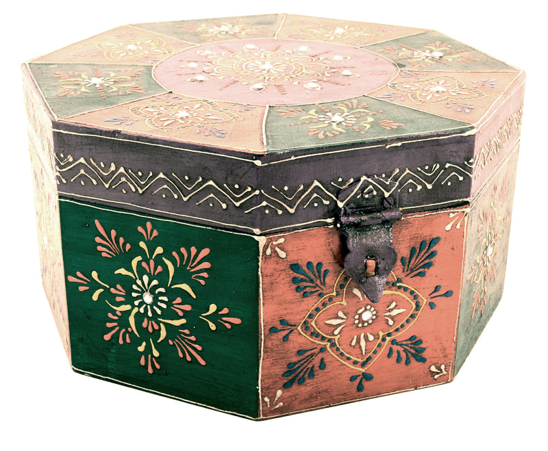 Wooden Painted Box Octagon Shape Multi Colour Ornate Design With Latch - Large