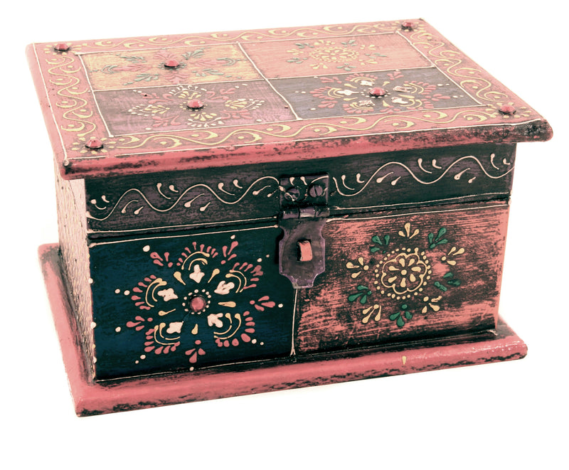 Wooden Painted Box Multi Colour Ornate Design With Latch - 18cm