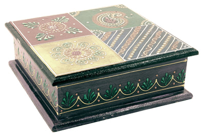 Wooden Painted Box Square Shape Multi Colour Ornate Design - 18cm