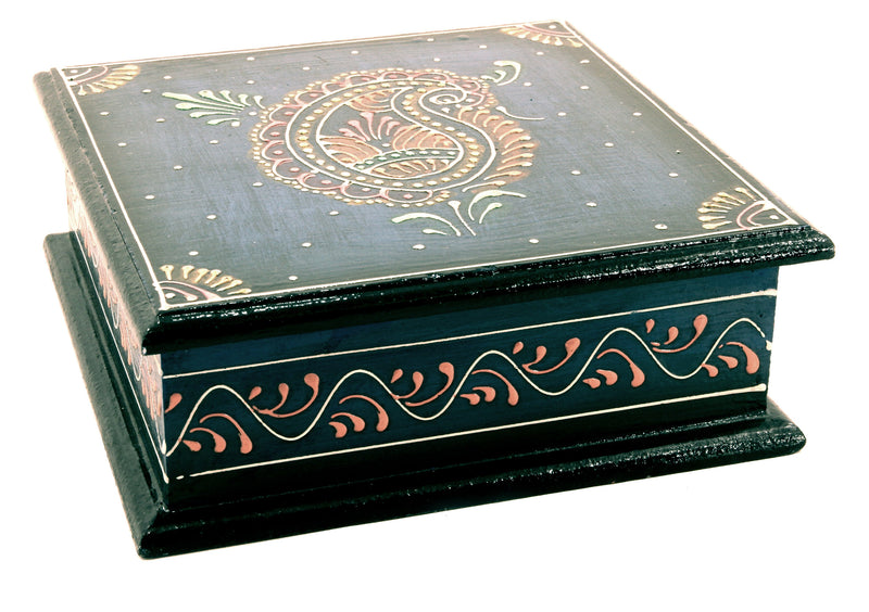 Wooden Painted Box Square Shape Multi Colour Ornate Design - 18cm