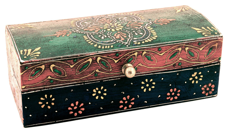 Wooden Painted Box Multi Colour Ornate Design - 18cm