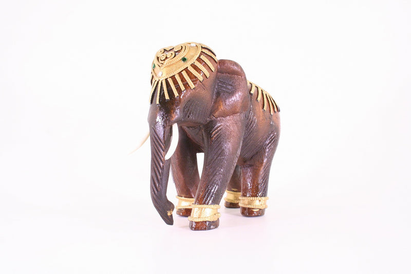 Elephant With Trunk Down Decorated With Gold and Jewels Wooden