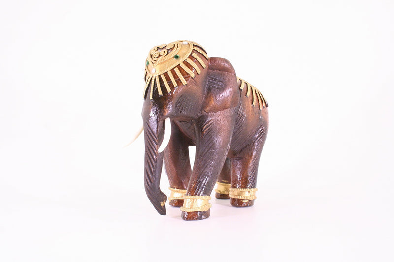 Elephant With Trunk Down Decorated With Gold and Jewels Wooden Statue Hand Carved 18cm