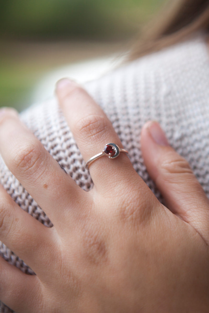 Garnet Silver Blue Moon Ring