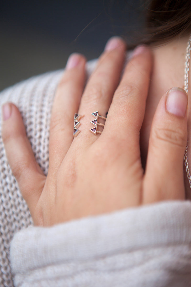 Garnet Silver Triangular Trio Ring