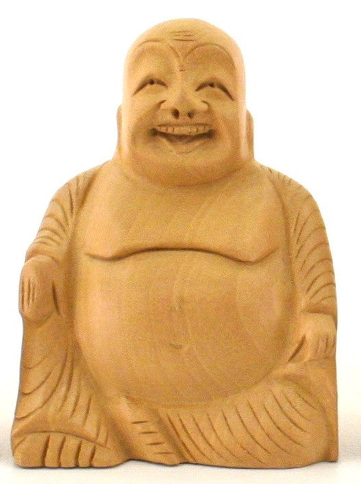 Sitting Laughing Buddha Wood Carving Figurine - 7.5cm