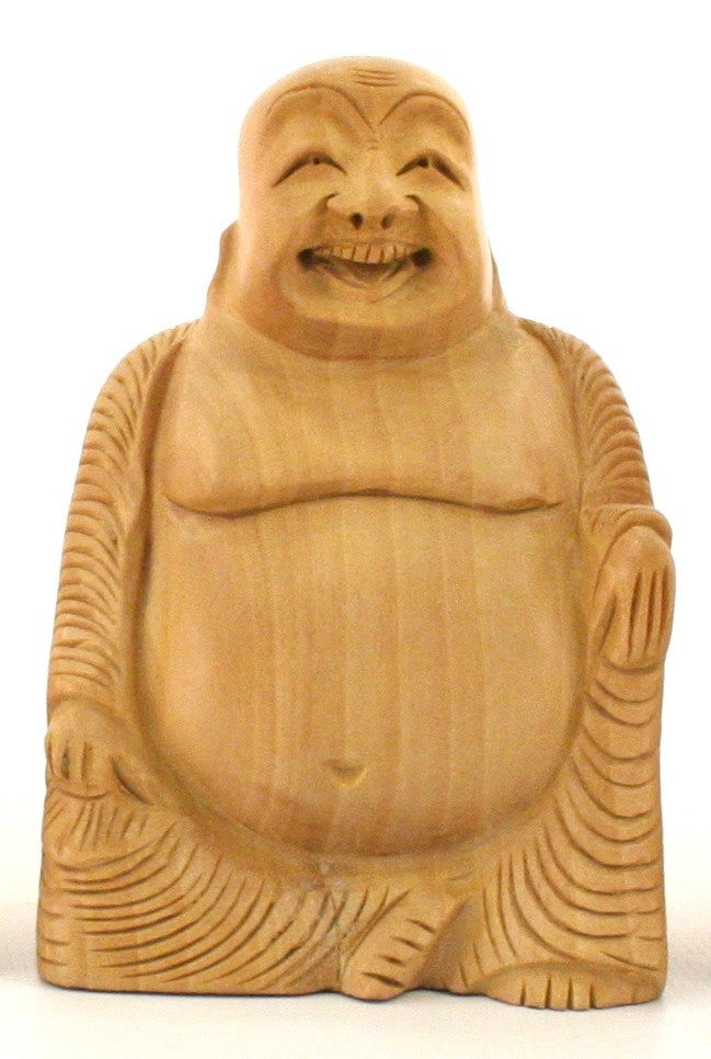 Sitting Laughing Buddha Wood Carving Figurine - 10cm