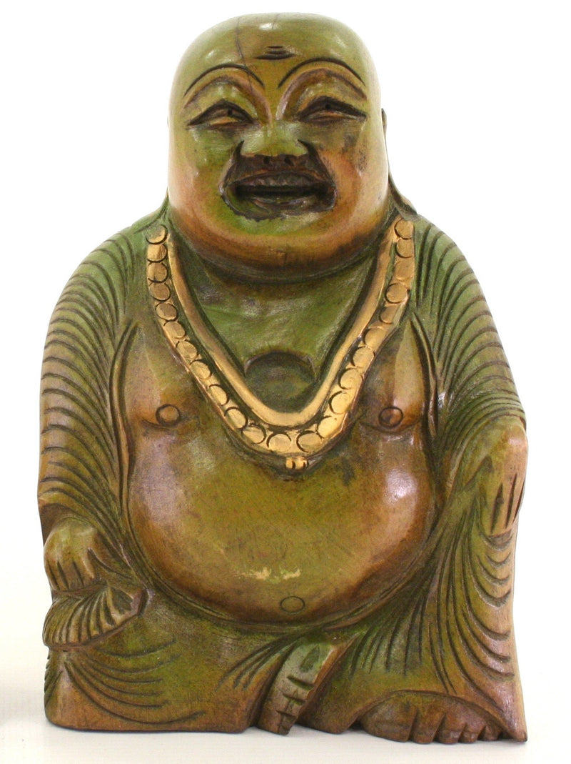 Sitting Laughing Buddha Wood Carving Figurine Green Gold Trim - 15cm
