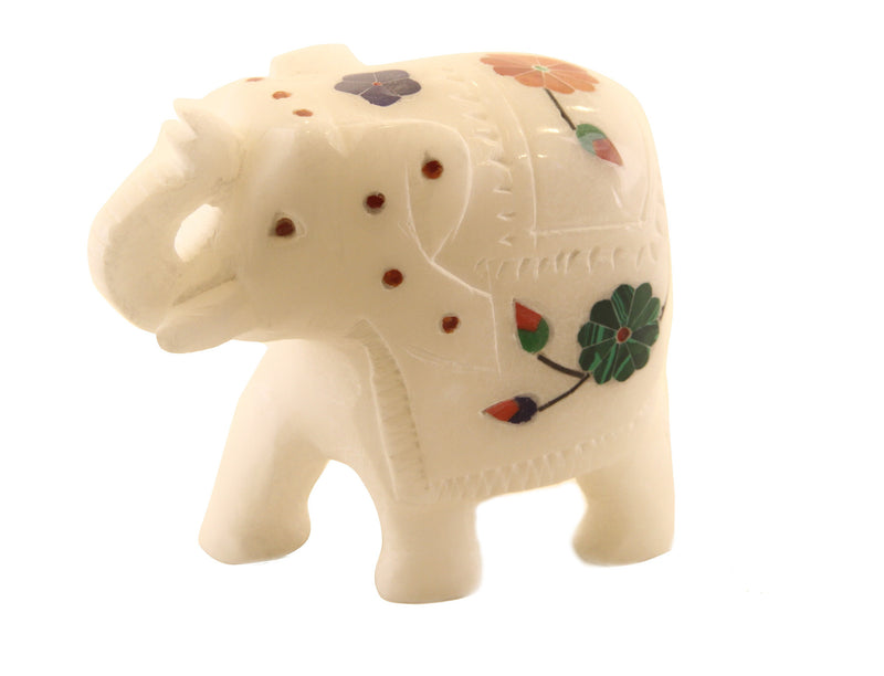Elephant Figurine Trunk Raised Hand Carved Alabaster With Gemstone Inlay Design - 7.5cm