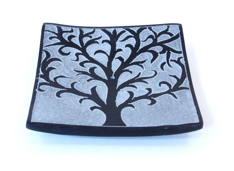 Hand Carved Square Tree Of Life Incense Plate Black - 10cm