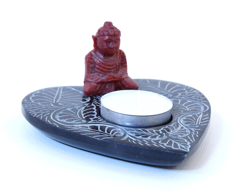 Miniature Buddha Soapstone Tea Light Candle Holder Black Polished Hand Carved - 12cm