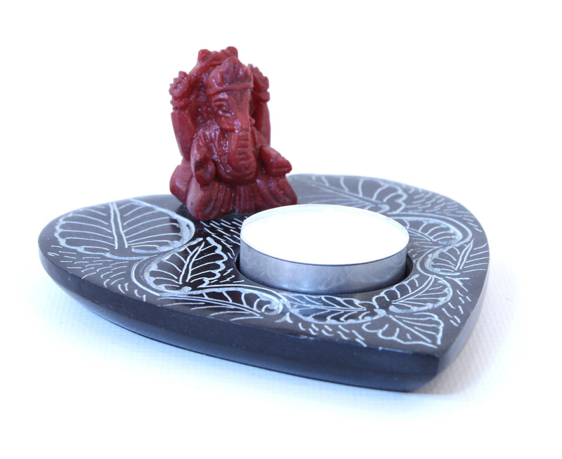 Miniature Ganesh Soapstone Tea Light Candle Holder Black Polished Hand Carved - 12cm