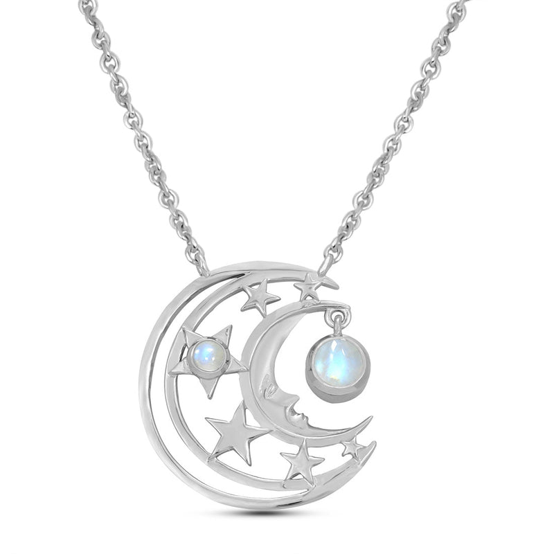 Moonstone Silver Crescent Stars Necklace