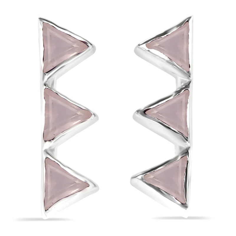 Rose Quartz Silver Triangular Trio Stud Earrings