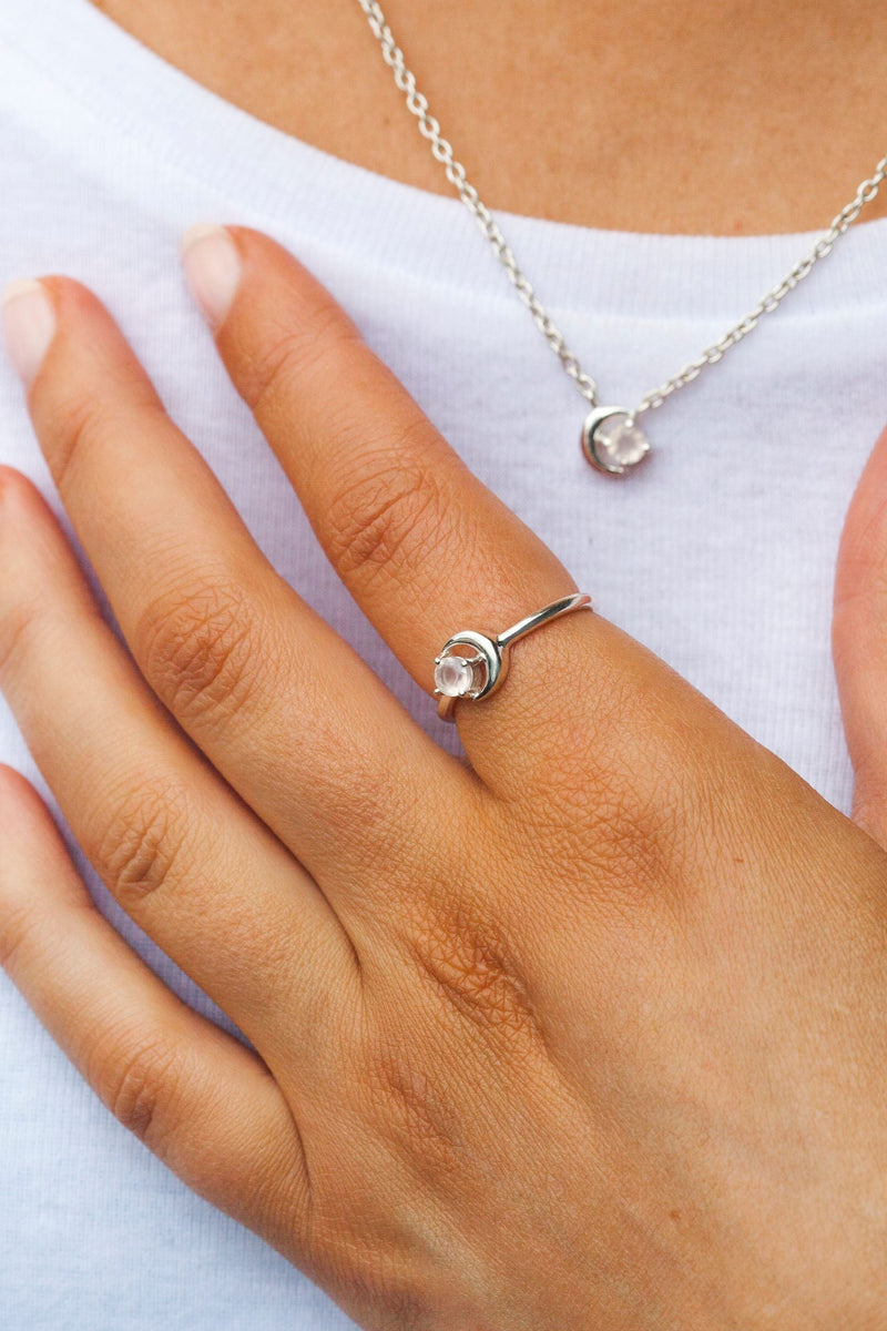 Rose Quartz Silver Blue Moon Ring