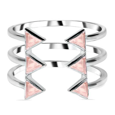 Rose Quartz Silver Triangular Trio Ring