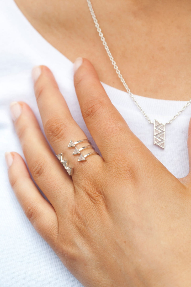 Rose Quartz Silver Triangular Trio Ring