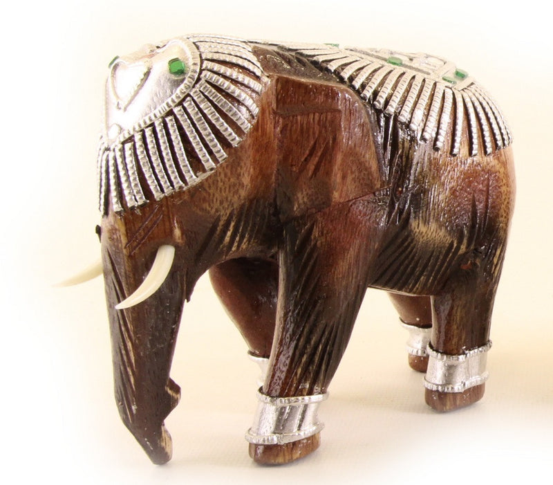 Elephant With Trunk Down Decorated With Silver and Jewels Wooden Statue Hand Carved 7cm